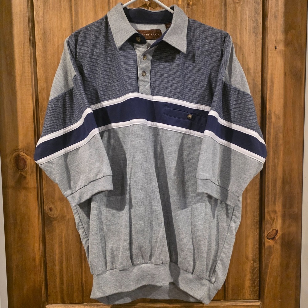 Woodland Trail Polo Sweater Shirt Mens Size LT Gray Purple Colorblock Banded Hem
